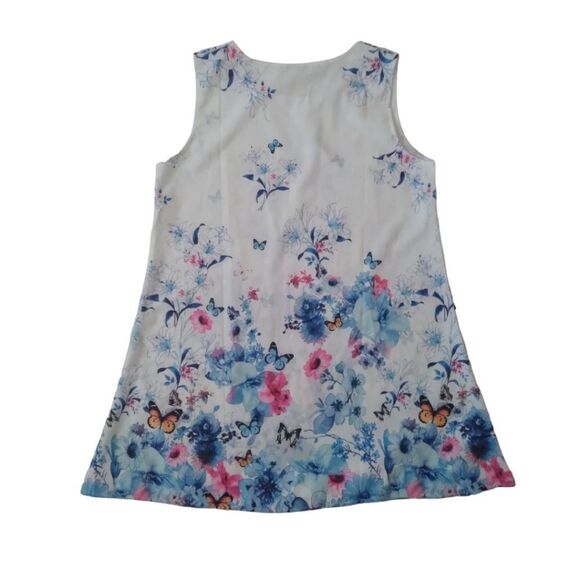 Women's Light Blue Flowers & Butterflies Print Trapezoid Mini Dress Size Medium - Picture 2 of 12